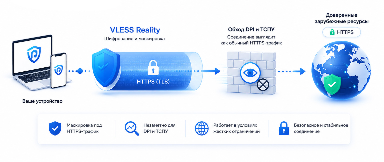 Схема работы протокола VLESS Reality и обхода DPI-блокировок в сервисе Nevoro VPN